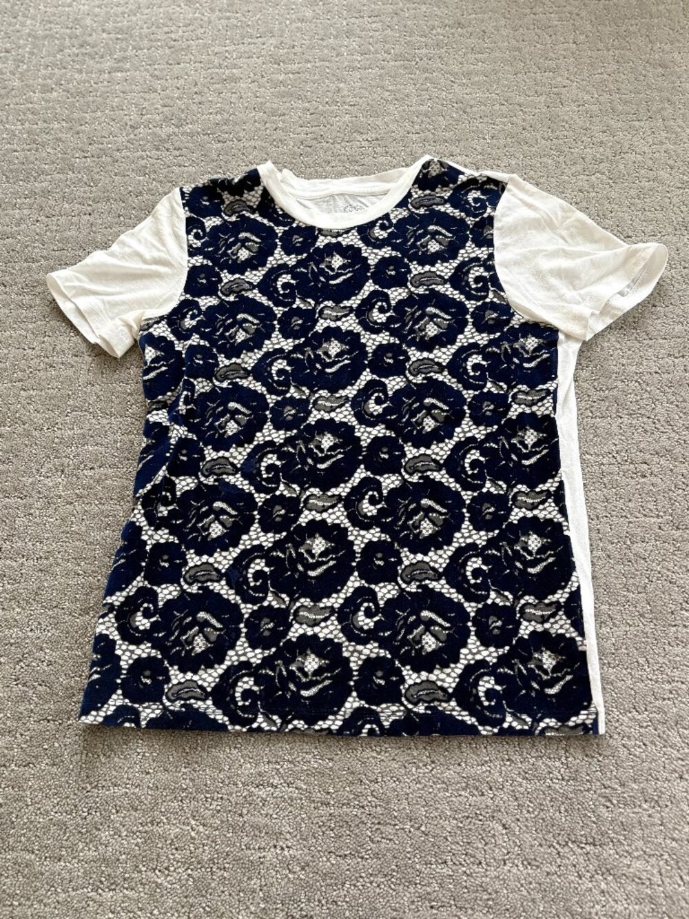 Tory Burch Womens Size XS Pima Cotton T Shirt with Blue Floral Velvet Pattern